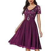 Miusol Women's V-Neck Sparkling Sequin Short Sleeves Empire Waist Cocktail Prom Dress