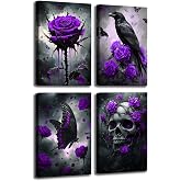 ZSHDEYMTOP 4 Pieces Gothic Canvas Wall Art Romantic Rose & Skull Pictures Dark Goth Raven Butterfly Prints Halloween Horror Aesthetic Paintings for Home Decor Frame (Purple,8.00