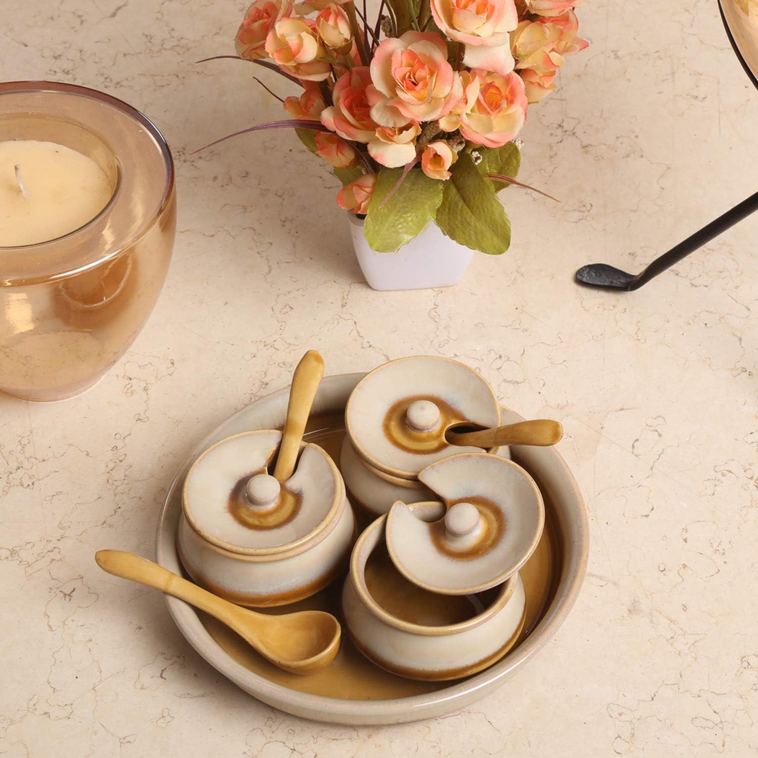 Unravel India Stoneware Studio Off-White Chutney Bowl Set with Base Tray (Set of 3)