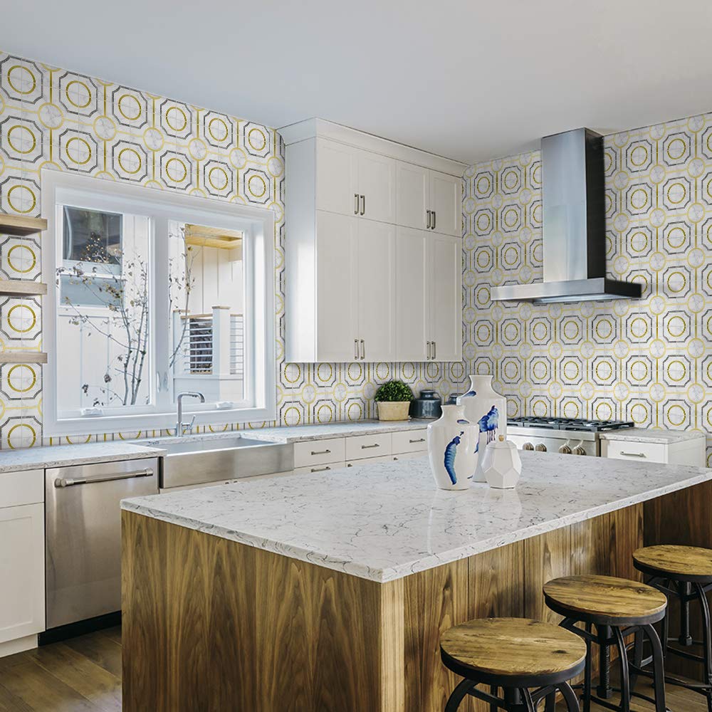 Floor Wall Tile Transfers Sticker for Home Decor, Peel & Stick self-Adhesive splashback, Tile Decals for Living Room Kitchen Bathroom Decor,20cmX20cmX 10 Pcs, Grey Golden Geometric Tile Sticker