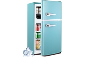 Anypro 3.2 Cu.Ft Fridge with Freezer with 2 Doors, Refrigerator with 7 Level Temperatures, LED Light, Adjustable Shelves, Food Storage Cooling Drink for Bedroom, Office, Dorm, Apartment, Blue