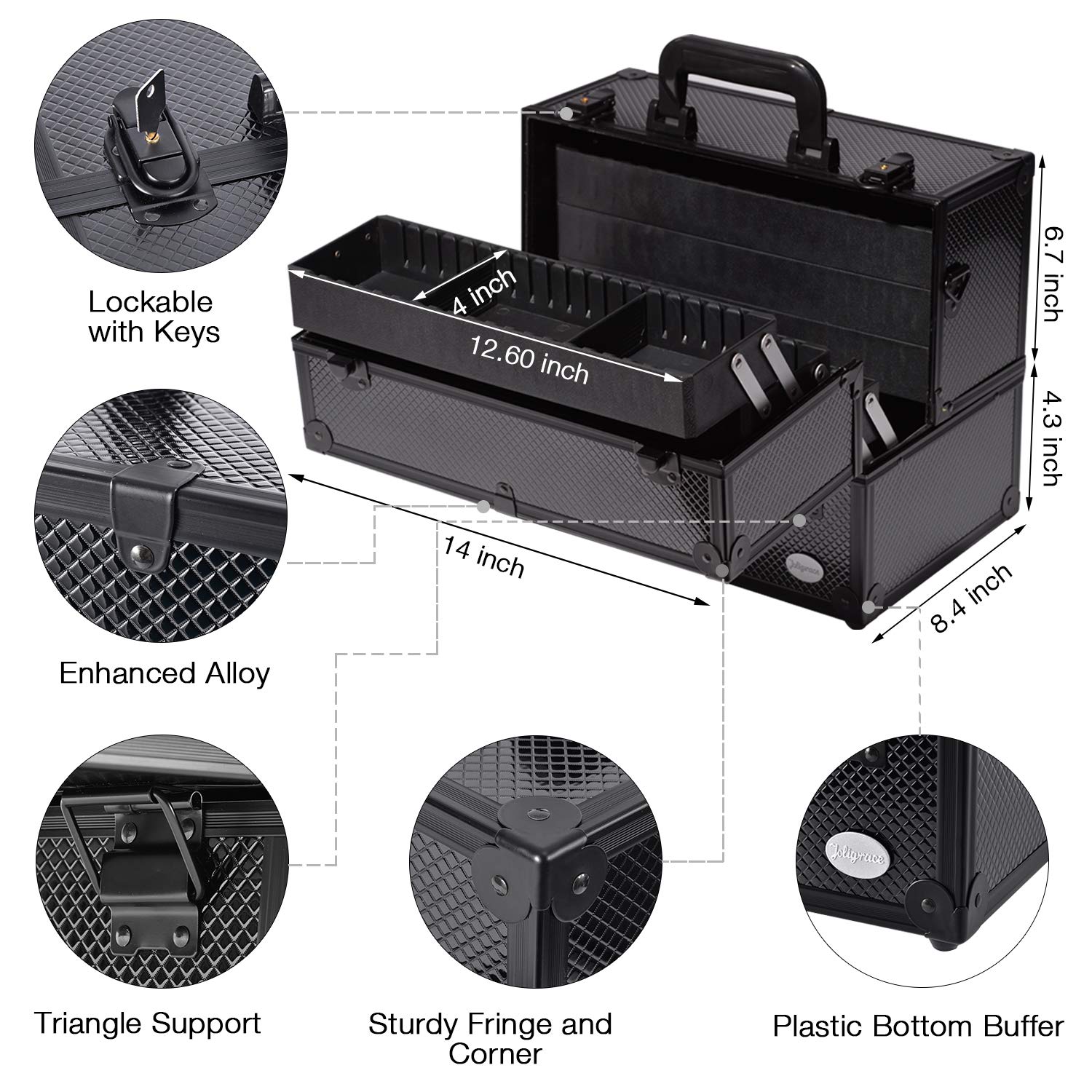 Makeup Train Case Professional Adjustable - 6 Trays Cosmetic Cases Makeup Storage Organizer Box with Lock and Compartments 14 Inch Large Black