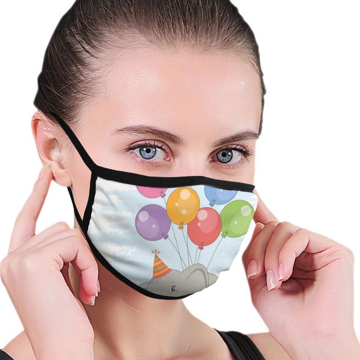 Mouth MASKS Adjustable Earloop Face Mask Funny Flying Mammal With Colorful Balloons And Party Hat Comic Art