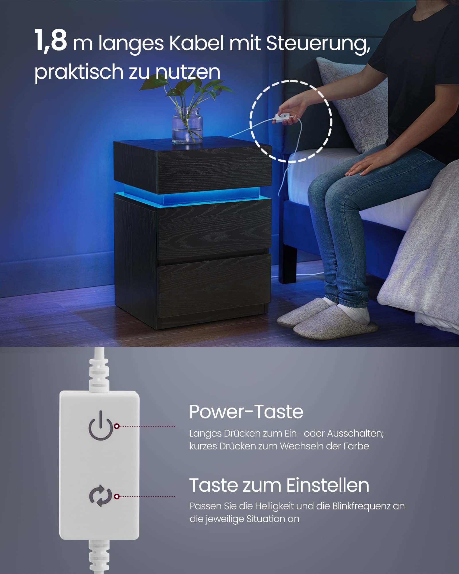 VASAGLE Kailyn Kollektion - Nachttisch, Beistelltisch mit Steckdosen, Schiebedeckel, 3 Schubladen, LED-Beleuchtung, Kleiner Tisch, modern, 40 x 35 x 55 cm, Schwarz mit Holzmaserung LET630T56 5
