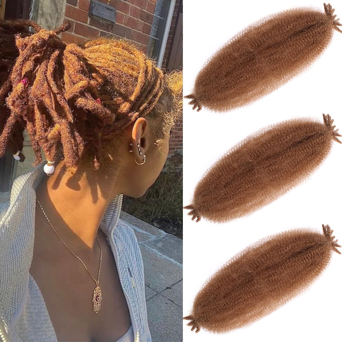 Leeven 16 Inch Springy Twist Hair for Afro Marley Locs 3 Packs Afro Kinky Curly Marley Braiding Hair Extensions Pre Separated Popping Spring Twist Crochet Hair for Distressed Locs /27# — image 1