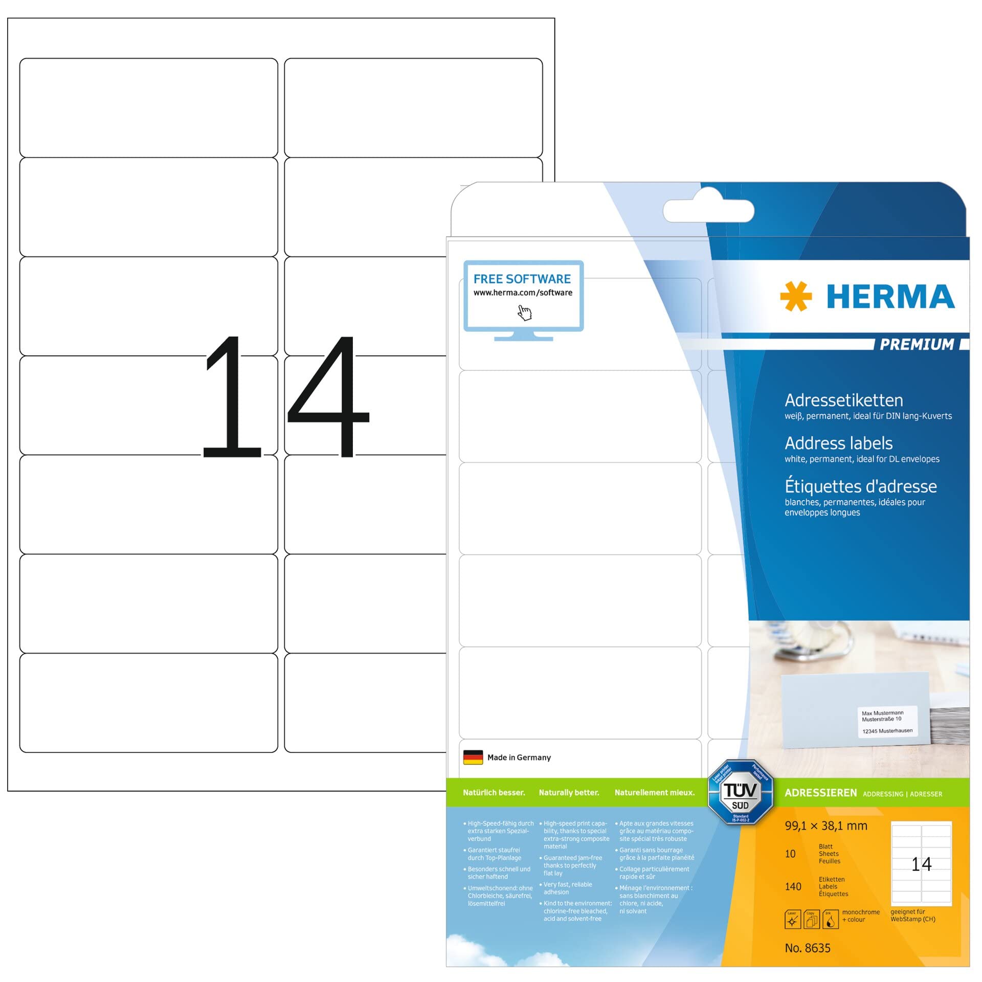 HERMA Self Adhesive Multipurpose Labels, 14 Labels per A4 Sheet, 10 Sheets, 99.1 x 38.1 mm, 140 Labels, Blank Universal Labels Stickers, Sticky Labels for Laser & Inkjet Printer, White