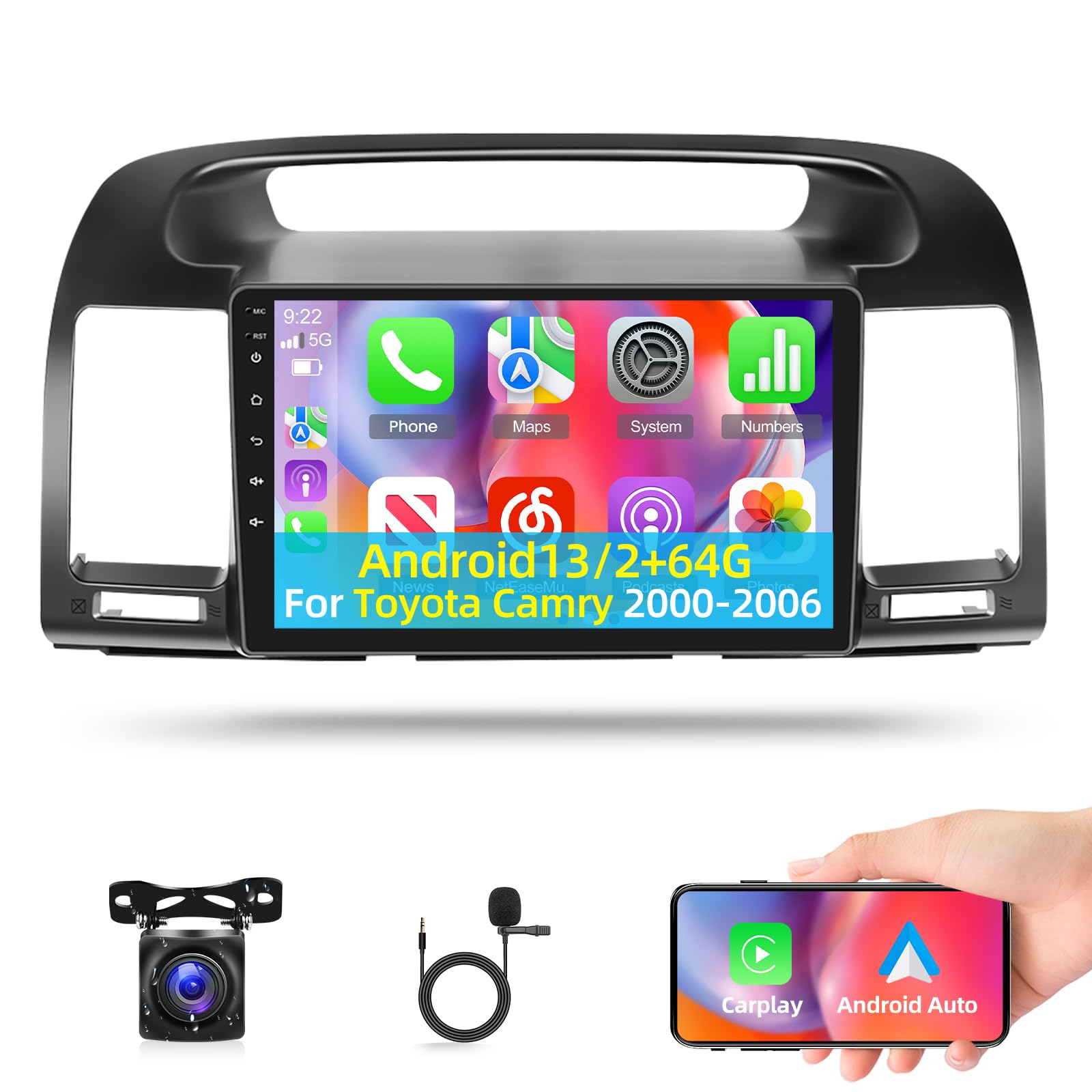 Photo 1 of [2+64G] for Toyota Camry 2000-2006 Android Car Radio with Carplay and Android Auto - 9 inch Touch Screen Car Stereo - WiFi Navigation Mulitple UI SWC Mirror Link FM/RDS + AHD Backup Camera