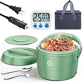 esemoil Electric Lunch Box for Adults, 80W Faster Heated Lunch Box, 12V/24V/110V Portable Food Warmer Lunchbox for Car/Truck/Office with Timer, SS Fork & Spoon and Insulated Carry Bag (1.2L)