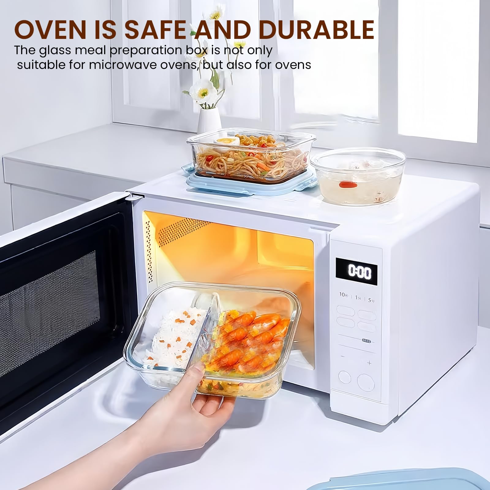 LEKEFETO 2 Stück Meal Prep Boxen Glas: Glasbehälter mit Deckel mit 2 Fächer, Glass Meal Prep Containers 1040ml, Glas Frischhaltedosen BPA-Frei, Luftdicht, für Spülmaschine, Mikrowelle, Ofen 5