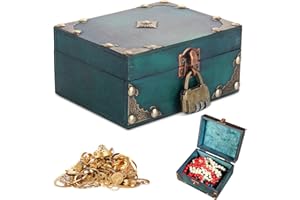 JERPSEN Wood Treasure Box, Small Decorative Box Teal Pirate Treasure Chest Jewelry Keepsakes Box for Kids Girls Boys Women Gifts Home Decor