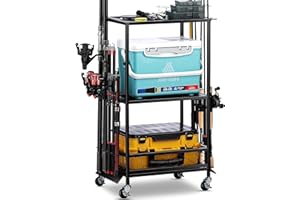 EXTCCT Fishing Rod Holder - Fishing Pole Rack for 10 Rods - Adjustable Height Fishing Gear Equipment Organizer Storage Solution for Garage Basement or Indoor