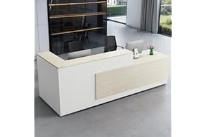 HUARIIFOWM Modern L-Shaped Reception Desk with Hutch, Reception Counter Table, Lockable Drawer Door Cabinet, Office Wooden Computer Front Desk (Tung Color+White-Left Cabinet, 102.36" L*23.62" W*41.34" H)