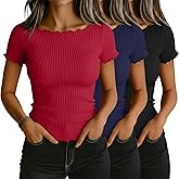 Riyiper 3 Pack Women's Boat Neck Ribbed Tops Lettuce Trim Short Sleeve T-Shirts Crop Fitted Summer Basic Tees Shirt