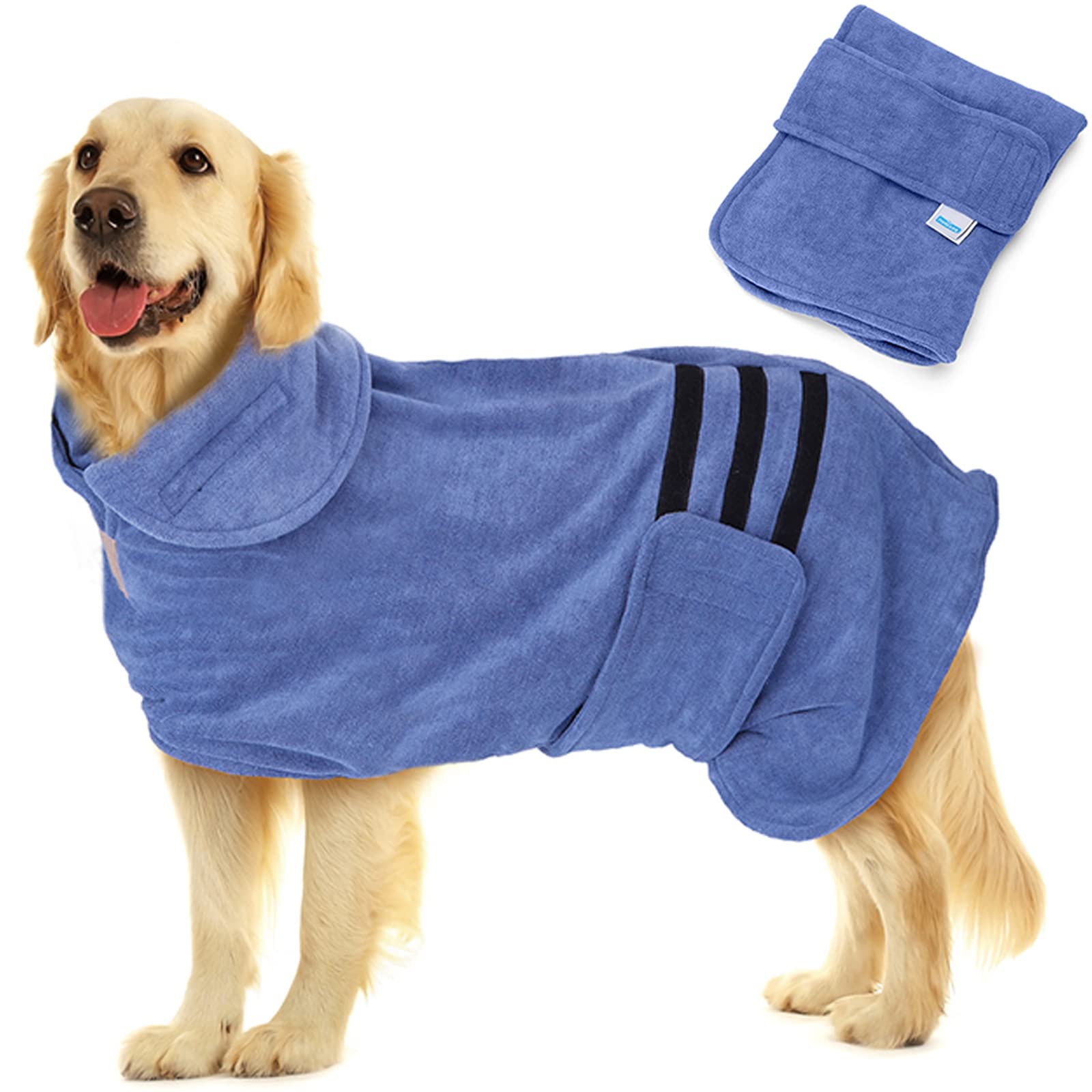 Nobleza Dog Bathrobe XL Dog Drying Coat Dogs Towel Robe Pet Dressing Gown Super Absorbent Pet Bathrobe Puppy Towelling Robe Fast Drying Adjustable Pets Towel for Extra Large Dogs Cat Blue