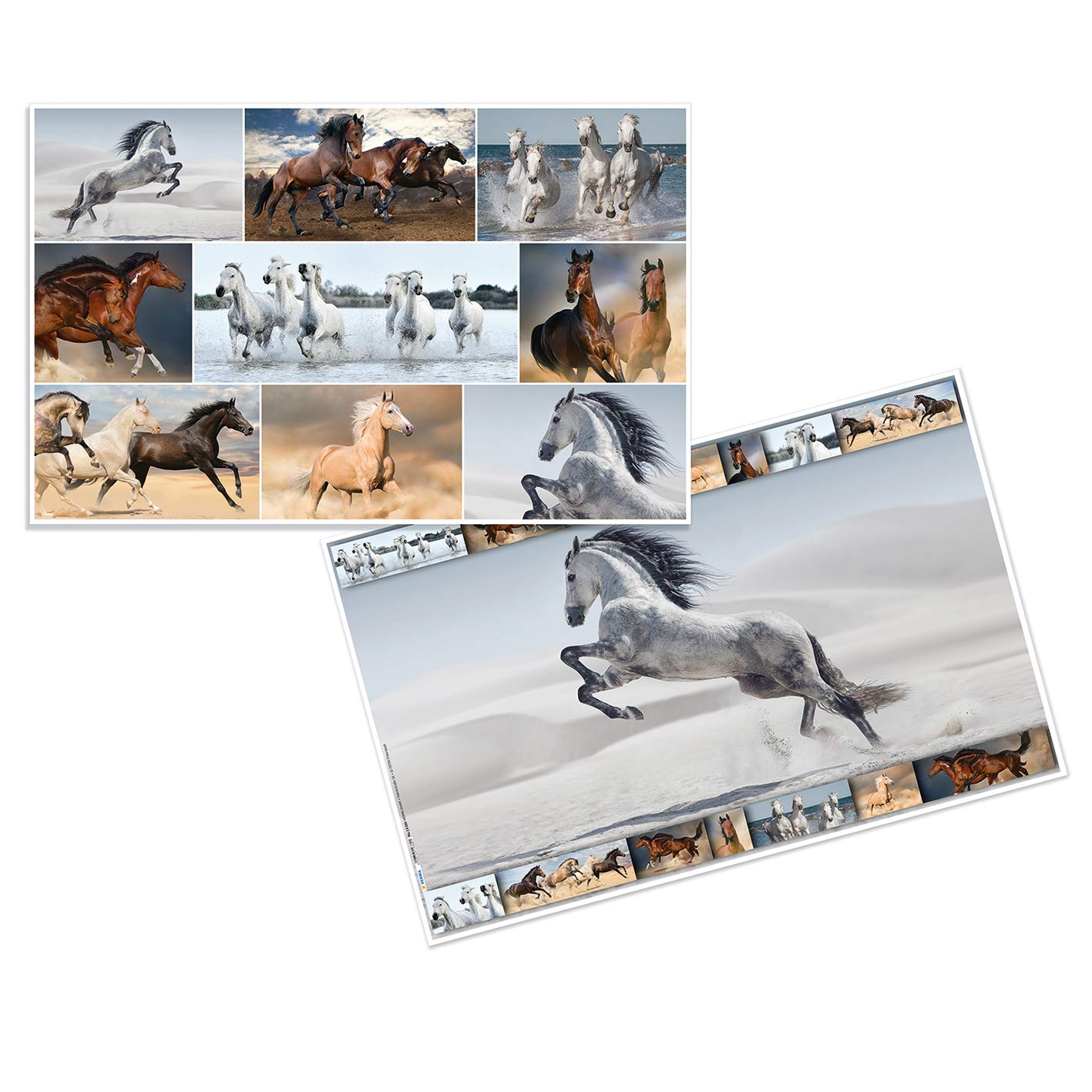 HERMA 19380 Desk Mat Animals Horses Set of 3 55 x 35 cm Non-Slip Wipe Clean and Double-Sided Desk Mat Made of Sturdy Cardboard Table Mat for Children