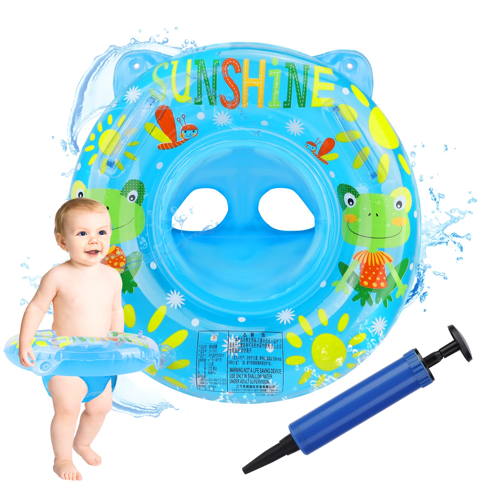 Pwsap Baby Swimming Ring, Cartoon Inflatable Baby Swimming Float PVC Safety Aid Float Seat Circle Swim Float Boat with Inflator and Double Handle for Age 3+ Years Toddler Floating Training, Blue