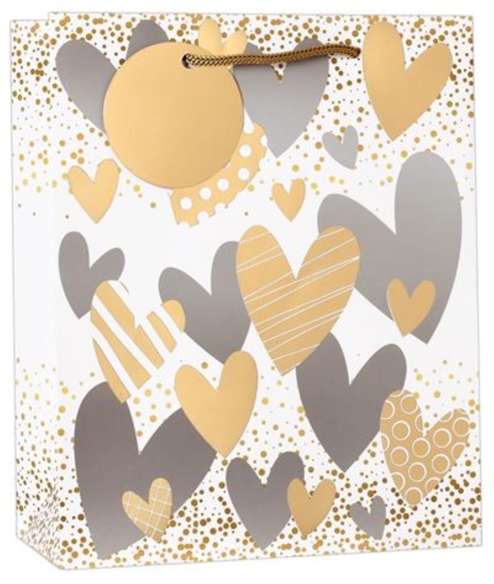 Large Gift Bag - White with Silver Gold Hearts Gold Foil Tag 13x10.25"