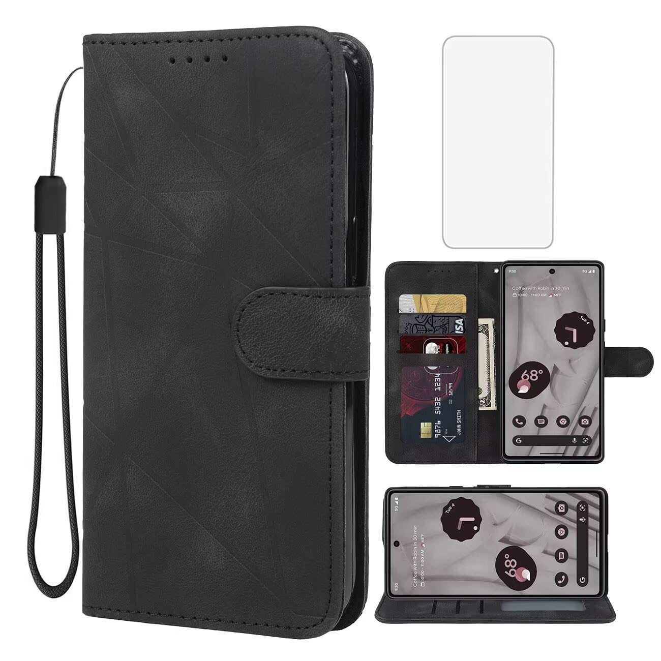 Wanyuexes Case for Pixel 8 Pro Case, Google 8 Pro GC3VE Wallet Case with Tempered Glass Screen Protector, Skin Feel PU Leather Flip Credit Card Holder Stand Phone Cover for Google Pixel 8 Pro Black