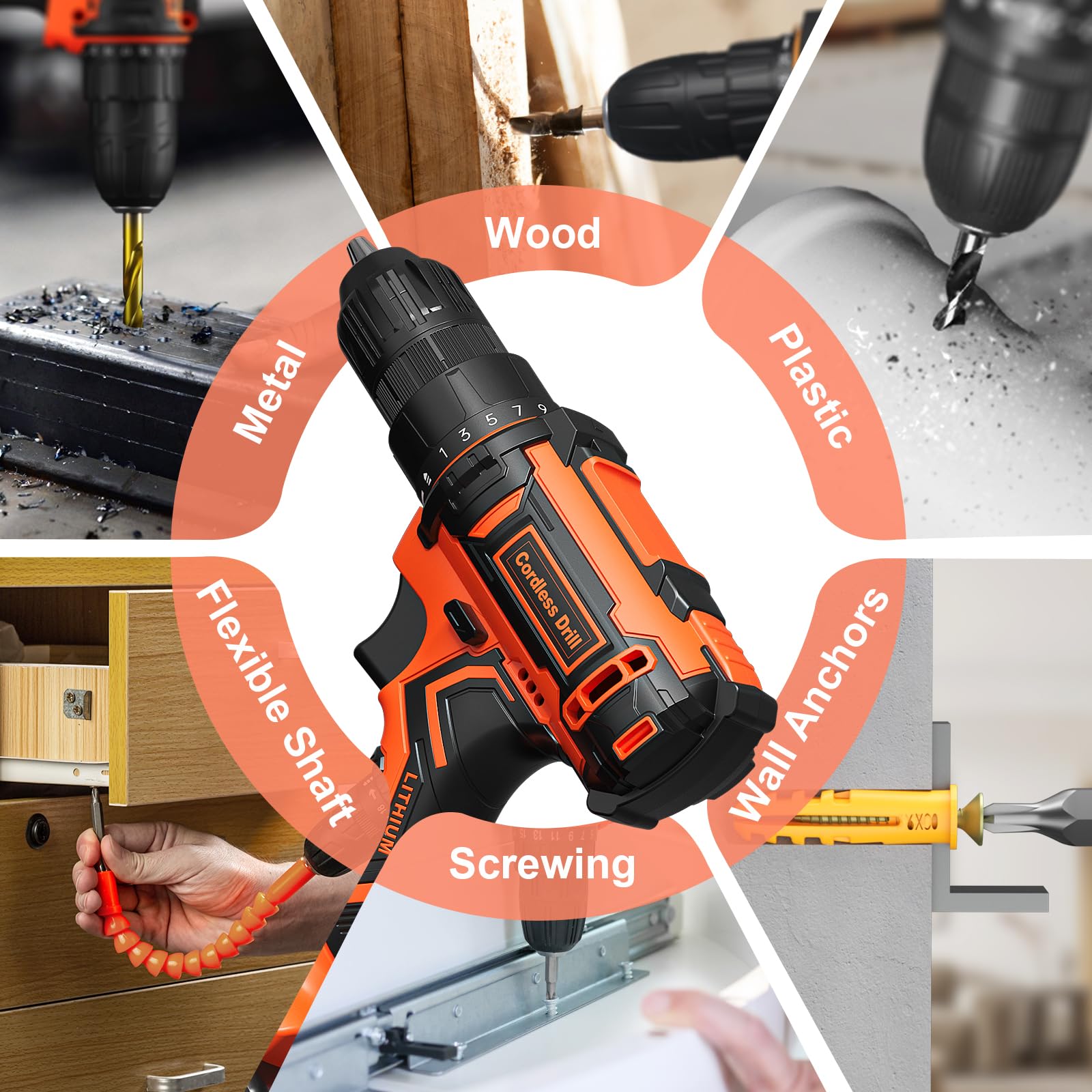 Cordless Drill Set, VIWKO 20V Power Drill with Power Pack 2.0Ah and Charger, 3/8-Inch Keyless Chuck Electric drill, 25+1 Position, 42pcs Drilldriver Bits/Screws for DIY Projects (Orange)