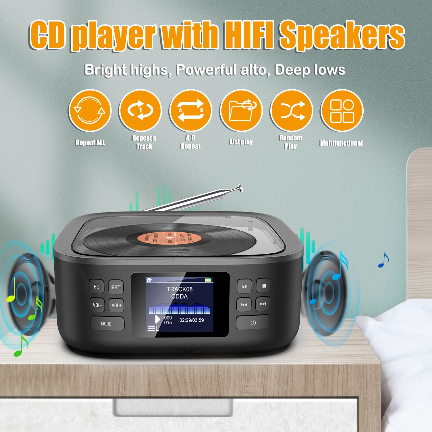 Portable CD Player Bluetooth,Desktop CD Player with Bluetooth Music Boombox Portable CD Players for Home Built-in Dual Speakers FM Radio & Speaker, LED Screen Support USB/AUX Headphone Jack