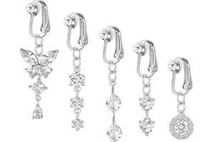 Incaton Fake Belly Button Ring - Clip-on CZ Dangle Heart Rings for Women - Non-Piercing Jewelry Silver