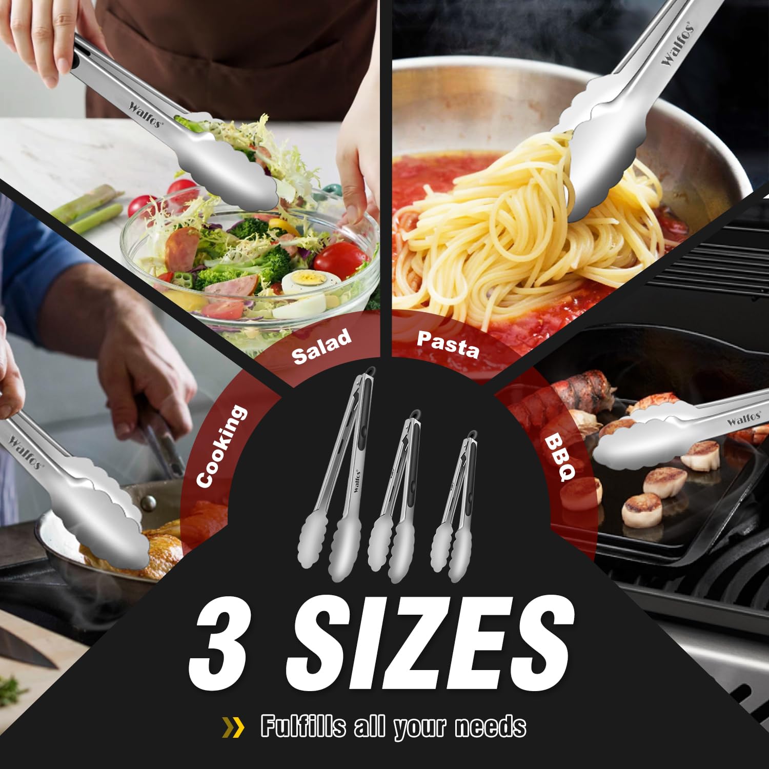 Food Grade Stainless Steel Kitchen Tongs for Cooking,BBQ - 7 ，9 and 12 Inch,Set of 3 Heavy Duty Locking Metal Food Tongs Non-Slip Grip