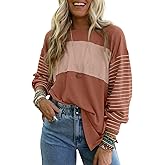 Dokotoo Long Sleeve Tops Oversized 2026 Trendy Round Crew Neck Casual Color Block Womens Shirts Blouses