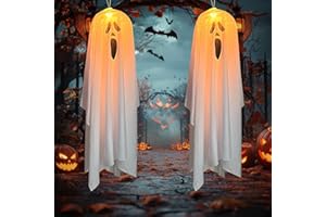 KISPATTI Halloween Decorations Hanging Ghost, 2PCS Halloween Light up Ghost Decorations Outdoor Indoor, Large Halloween Spooky Ghost with Warm Lights for Trees Door Front Yard Garden Home Party Decor