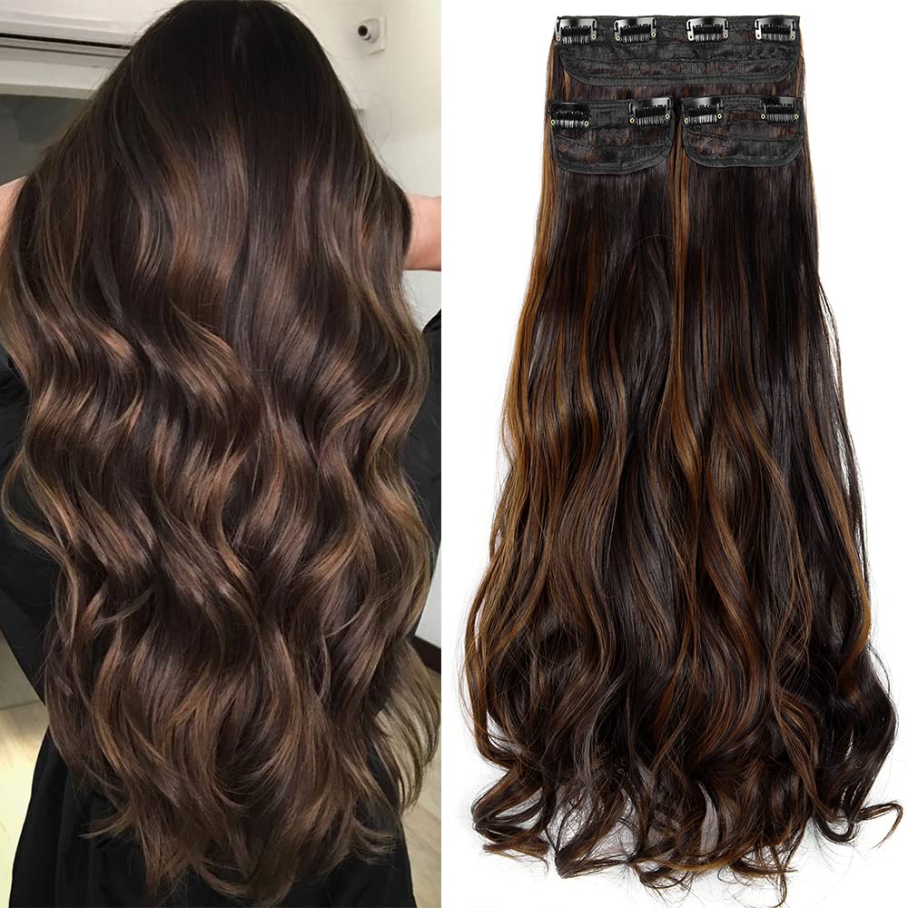 OMGREAT 18 Inch Clip in on Hair Extensions Long Curly Wavy Hair Extension 3Pcs Set for Women Girls - Dark Brown Mix Light Auburn