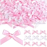 100PCS Tinkrstuff Pink & White Mini Bows for Crafts,1.5*2" Fabric Small Bows for Decoration,Satin Ribbon Tiny Bow for Clothes, Christmas Tree Bows &Thanksgiving Gifts Party Cake Balloon Treats Decor