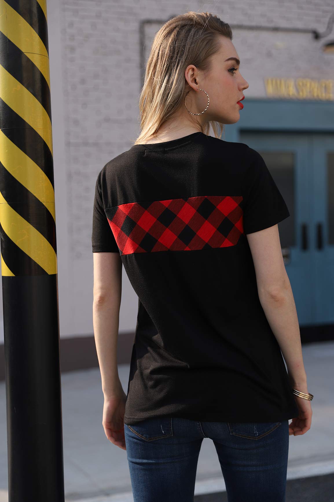 Blooming Jelly Women\'s Short Sleeve Crew Neck T Shirt Color Block Plaid Shirt Pullover Checkered Top (S, Red Plaid)