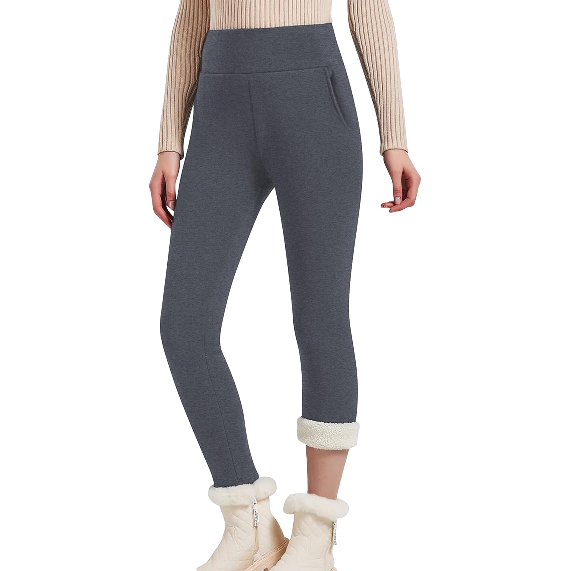Hixiaohe Casual Sherpa Fleece Lined Leggings Women Winter Warm Pants High Waisted Stretchy Thick Thermal Tights Cold Weather Gray Image