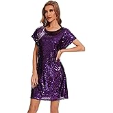 FEMI SEMI Women's Crewneck Sequin Shift Dress Short Sleeve Casual Holiday Sparkly Party Dress