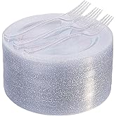 I00000 144Pcs Silver Glitter Dessert Plates Set, Includes 72Pcs Plastic Dessert Plates 7.5",72Pcs Silver Forks 7.4", Plastic Salad Plates for Birthday, Wedding & Party