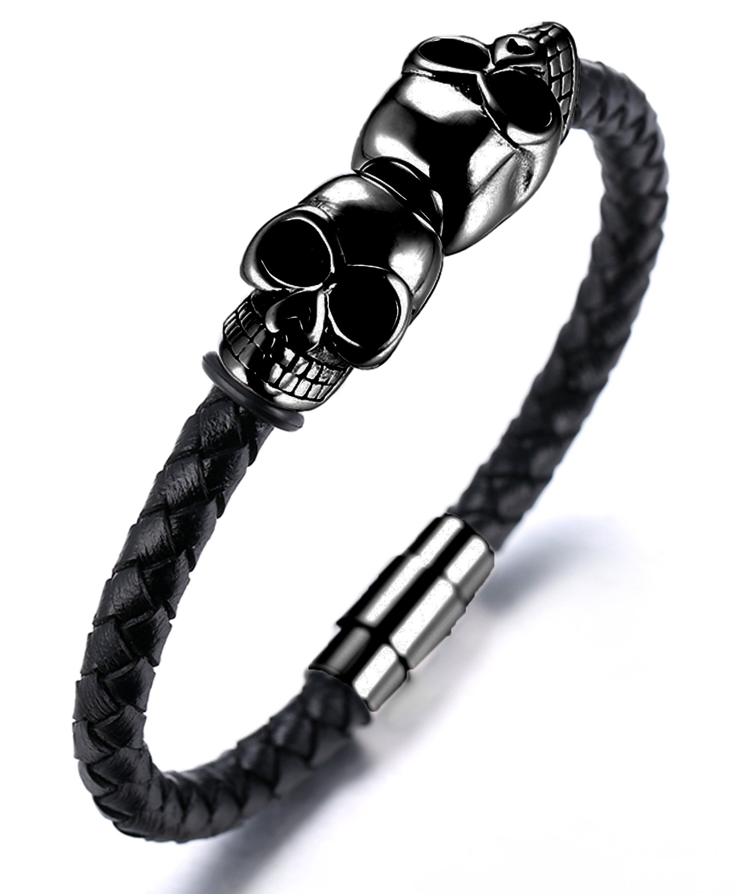HALUKAKAH ● Assassin ● Men's Genuine Leather Bracelet with Titanium Skull Heads Magnetic Clasp 8.46"/21.5cm(Black) — image 1