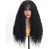 HiTuMyPi Black Curly Wig with Bangs Curly Wig for Women Long Natural Black Curly Wigs Skin-friendly Synthetic Fibersc for Daily Festival Holiday Use Long Curly Wig 26INCH