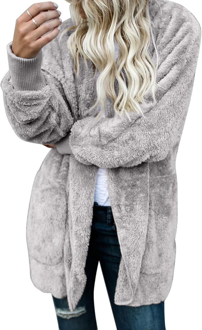 ThusFar Women Fuzzy Fleece Jacket Open Front Hooded Cardigan Coat Outwear Pockets at  Women’s Clothing store