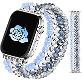 JR.DM Beaded Bracelet Bands Women Compatible with Apple Watch 38mm 40mm 41mm 42mm(S10/11) Stretch Handmade Dressy Crystal Strap Replacement for iWatch Series 11/10/9/8/7/6/5/4/3/2/1/SE, Blue Silver