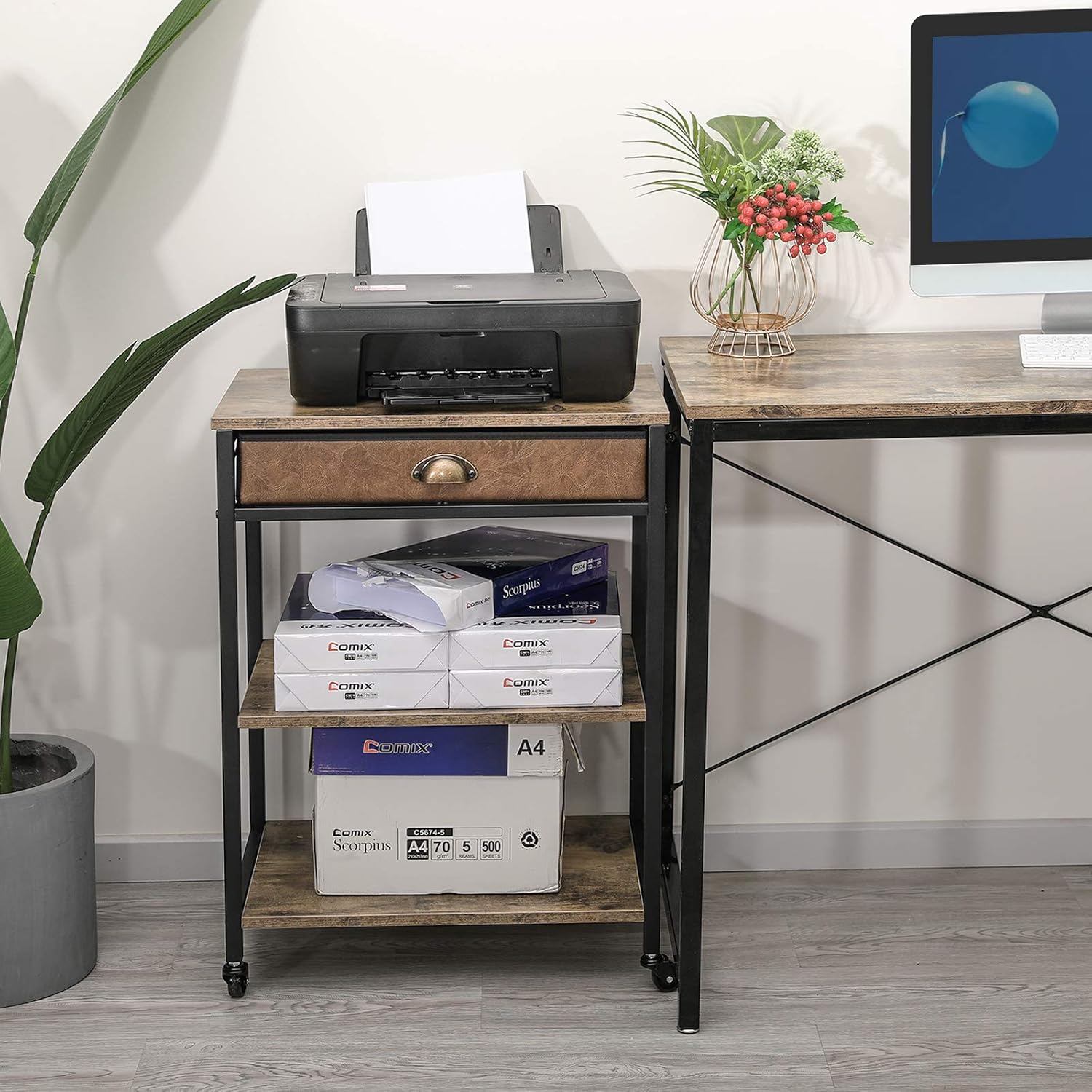 X-cosrack Deskside Mobile Printer Stand with Storage Drawer, 3 Tier Printer Table Cart with Wheel, Workspace Desk Organizer Shelf for Home Office, Rustic Brown : Electronics