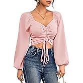 Rooscier Women's Drawstring V Neck Ruched Lantern Long Sleeve Tie Back Crop Top Blouse