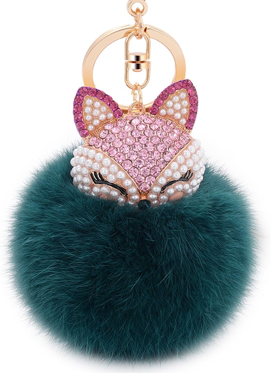 Anple Real Rabbit Fur Ball with Artificial Fox Head Inlay Pearl Rhinestone Key Chain for Womens Bag or Cellphone or Car Pendant (Dark Green)