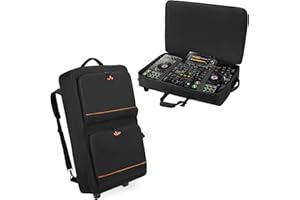 Rexmica DJ Controller Bag Backpack with Wheels Compatible with Pioneer XDJ RX2/ XDJ RX3/ XDJ-RX/DDJ FLX10/ DDJ REV7/ DDJ 1000, Wheeled DJ Carrying Case with 2 Accessory Pocket, Padded DJ Mixer Bag