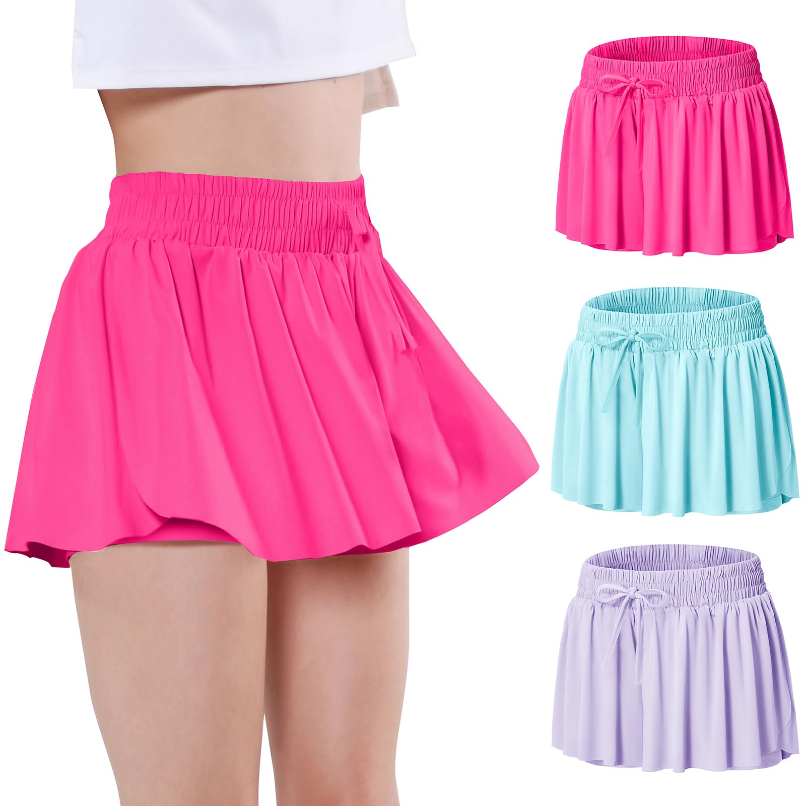Photo 1 of ****ONLY 2 SKIRTS******EXARUS 3 Pack Girls Shorts Butterfly Flowy Athletic Skort Dance Cheer Outfits Teen Running Skirts Preppy Tennis 2 in 1 Flutter Gym Kids Tween Clothes Hot Pink Blue Purple 14Y