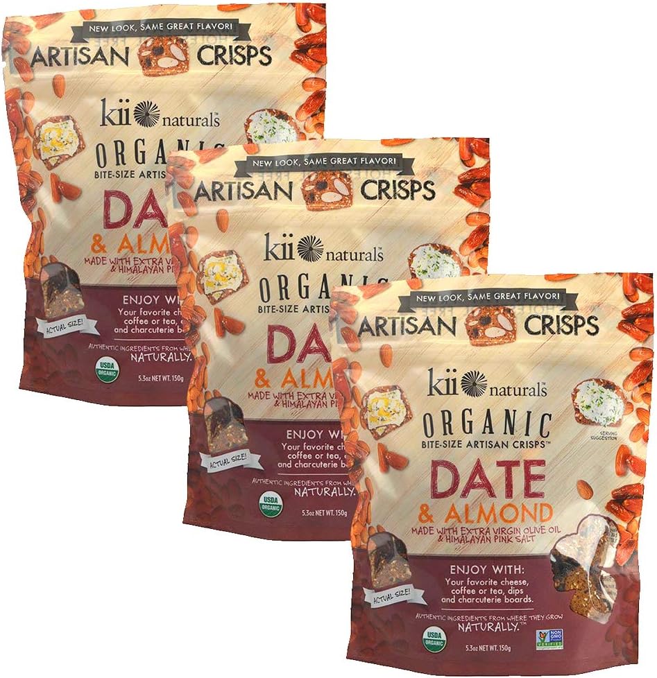 Kii Naturals Bite-Size Artisan Crisps USDA Organic Non-GMO Certified Kosher(Dairy) 5.3 oz 3 pack - Date & Almond