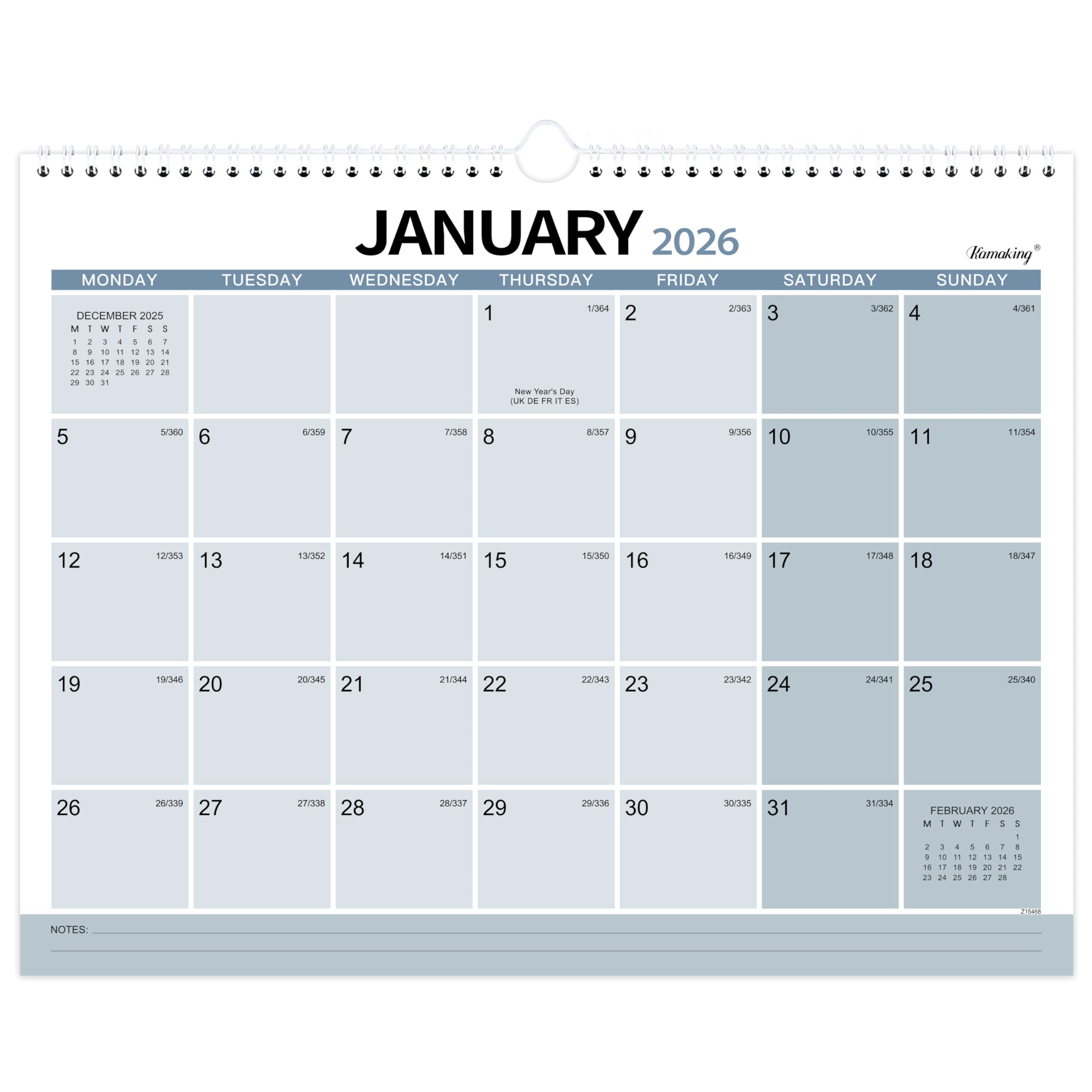 Kamaking Calendar 2026 UK - 2026 Calendar from Jan. to Dec. 2026, 12 months calendar Month to View with Julian Dates, Perfect for Planning and Organizing Your Home and Office