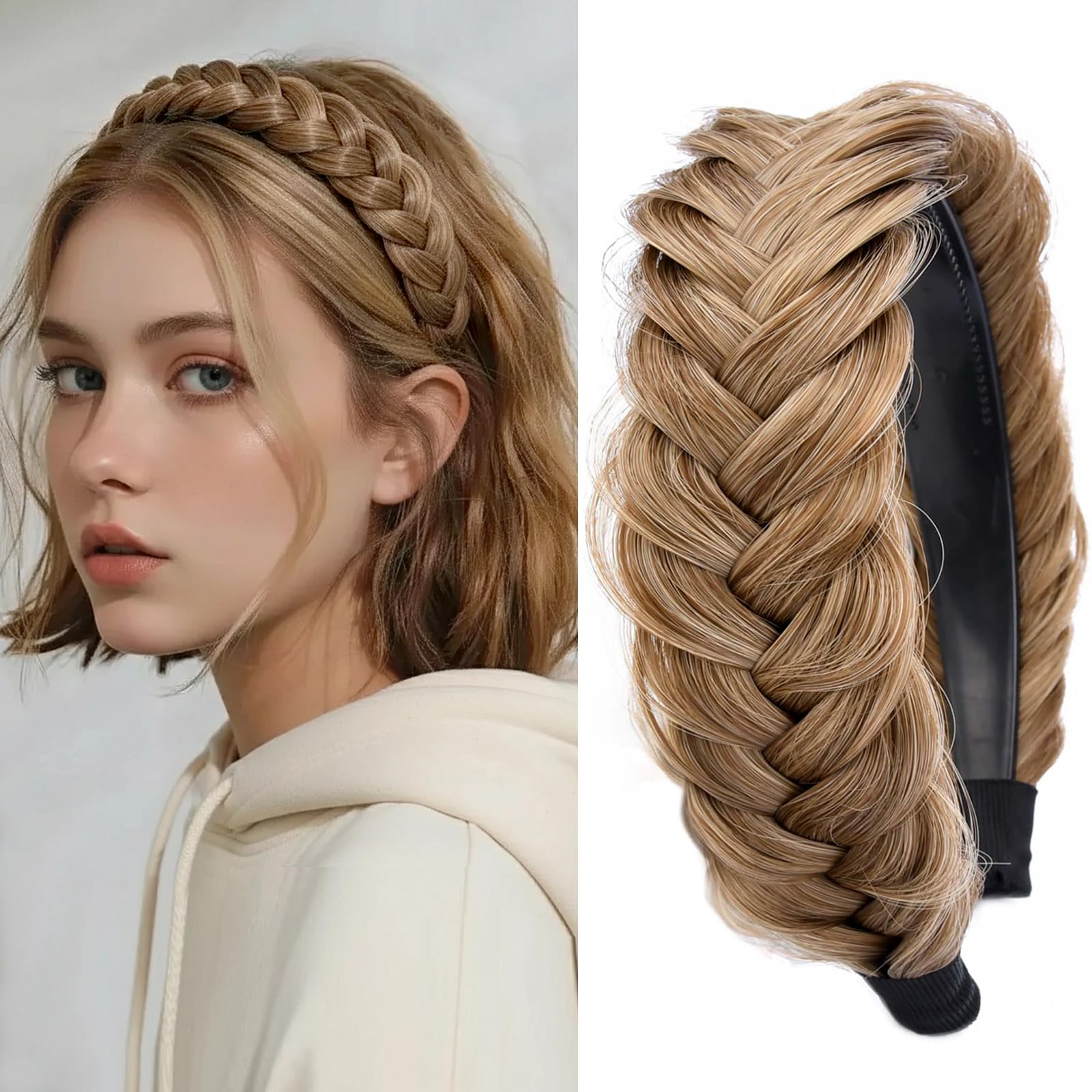 GLEDOLA Wide Messy Braided Headband with Teeth Synthetic Hair Plaited Headband High Elasticity Braids Chunky Fishtail Braided Hair Band Hairpiece for Girls Women (Dirty Blonde)