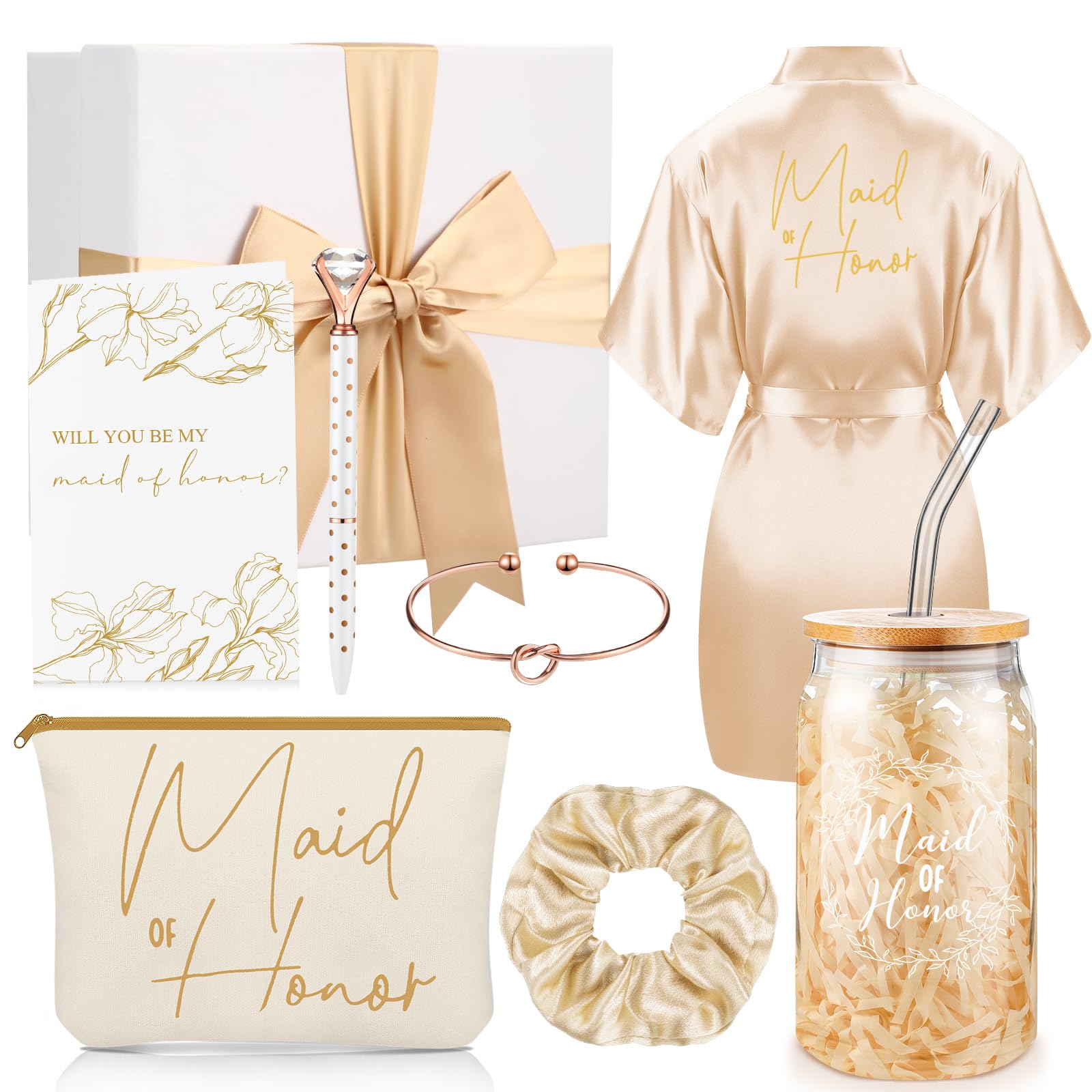 Photo 1 of Irenare 8 Pcs Proposal Gifts Set Robes Makeup Bag Cup Cards Hair Tie Bracelet Diamond Pen Bridesmaid Gift Box(Champagne,Maid of Honor)