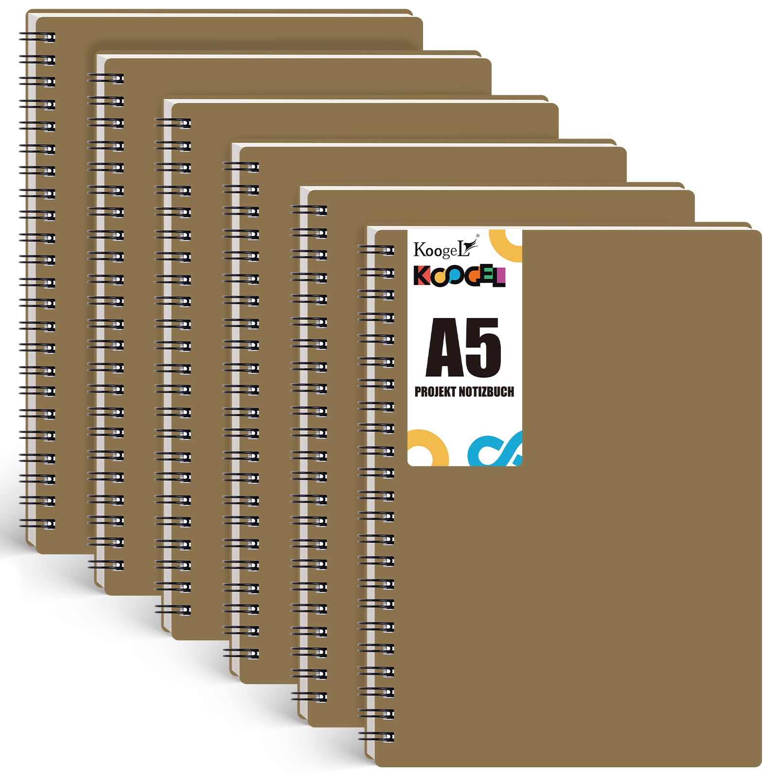Koogel A5 Spiral Notebook 6 Pack, 15x20.5cm 7mm Ruled Brown Waterproof Cover, 480 Sheets/960 Pages for School, Home Office