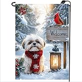 Welcome Winter Shih Tzu Garden Flags 12x18 Double Sided, Small Burlap Holiday Snow Cardinal Dog Garden Flag Winter Christmas Outdoor Yard Decorations Porch Lawn Flags for Outside