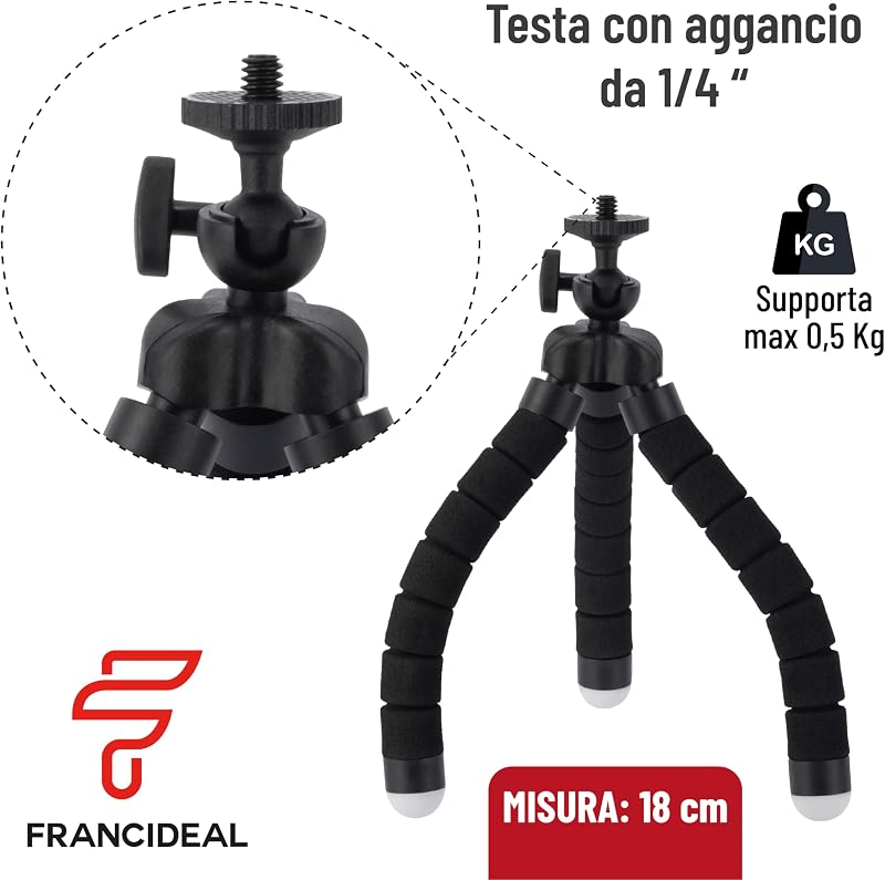FRANCIDEAL - Cavalletto per Smartphone con Gambe a Polipo, Testa 360°, Compatto e Leggero